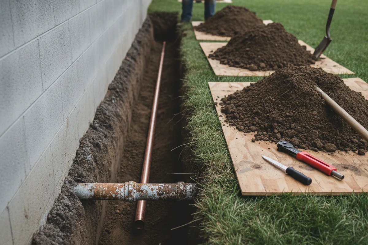 Excavated water line trench during Water Softener Installation in West Salisbury